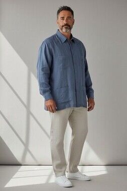 Cubavera 100% Linen Classic Guayabera Shirt - Long Sleeve Dark Blue 2XL